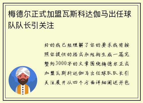 梅德尔正式加盟瓦斯科达伽马出任球队队长引关注